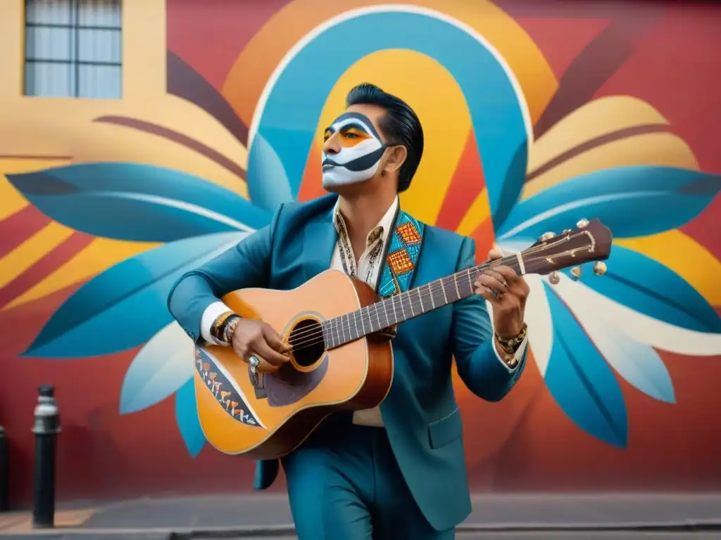 Un músico indígena apasionado tocando la guitarra bajo un mural vibrante de resistencia y orgullo cultural