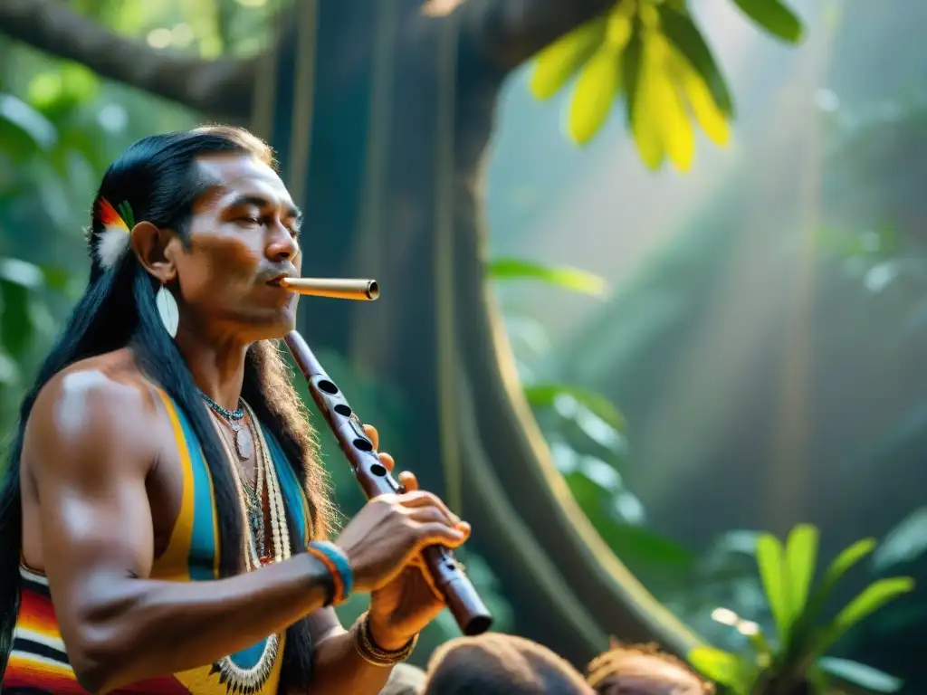 Un músico indígena contemporáneo de las Américas tocando apasionadamente una flauta bajo un ceiba