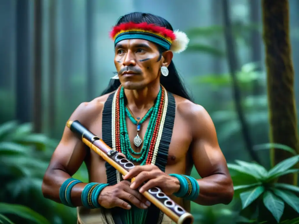 Un músico indígena contemporáneo con una flauta de madera bellamente decorada, en un bosque exuberante