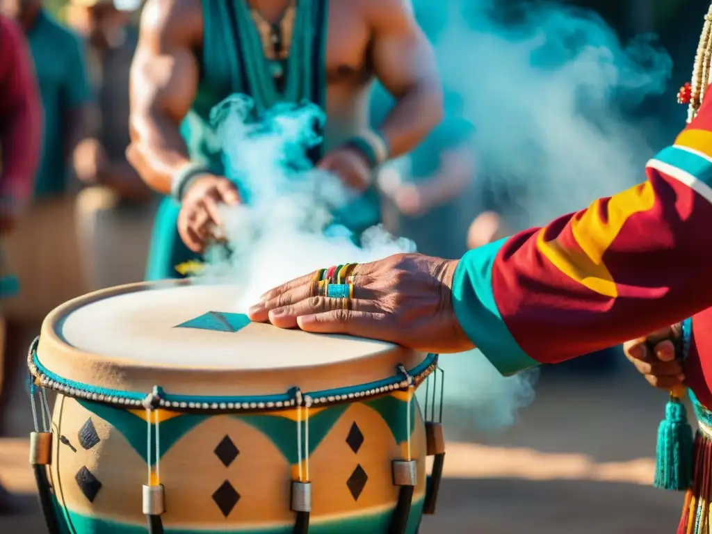 Un músico indígena experto tocando un tambor decorado con símbolos en una ceremonia tradicional, capturando el simbolismo de las percusiones indígenas