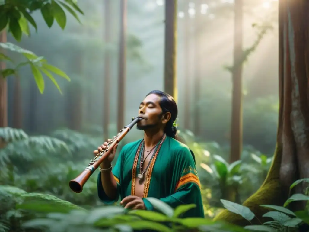 Un músico indígena tocando una flauta de madera en un bosque, en armonía con la naturaleza