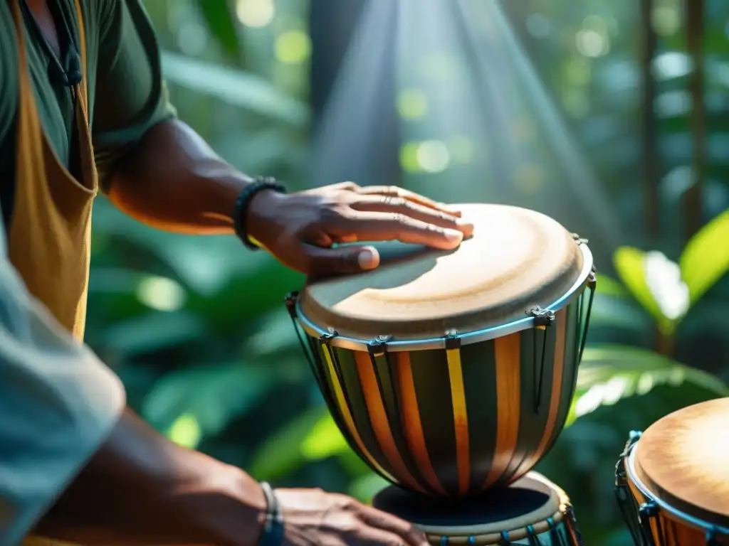 Un músico indígena inmerso en tocar percusiones tradicionales en la selva, capturando la esencia de la música indígena