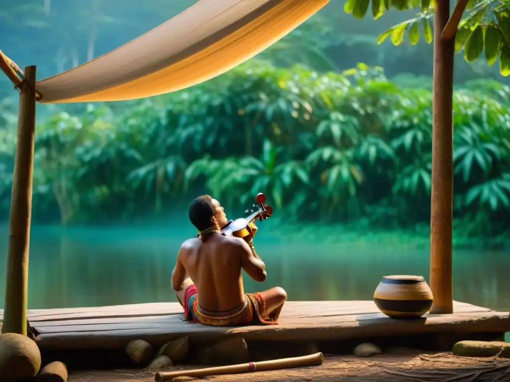 Un músico indígena tocando un instrumento tradicional bajo un dosel de frondosos árboles en la selva amazónica