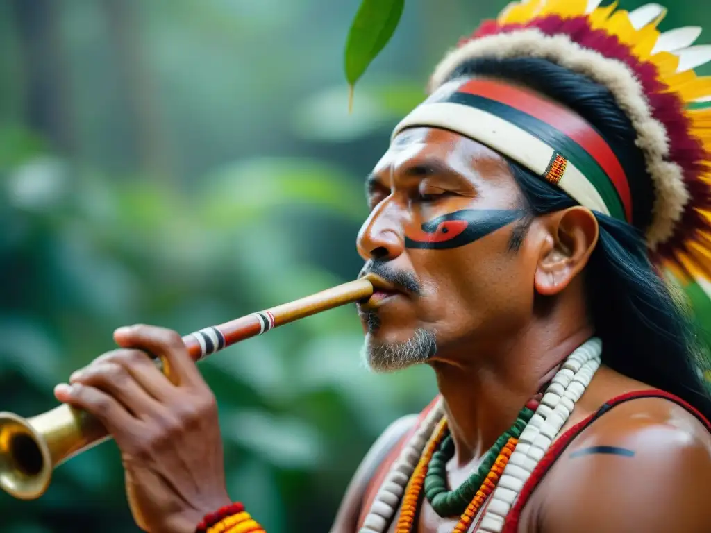 Un músico indígena tocando un instrumento de viento en una ceremonia ritual vibrante en el bosque