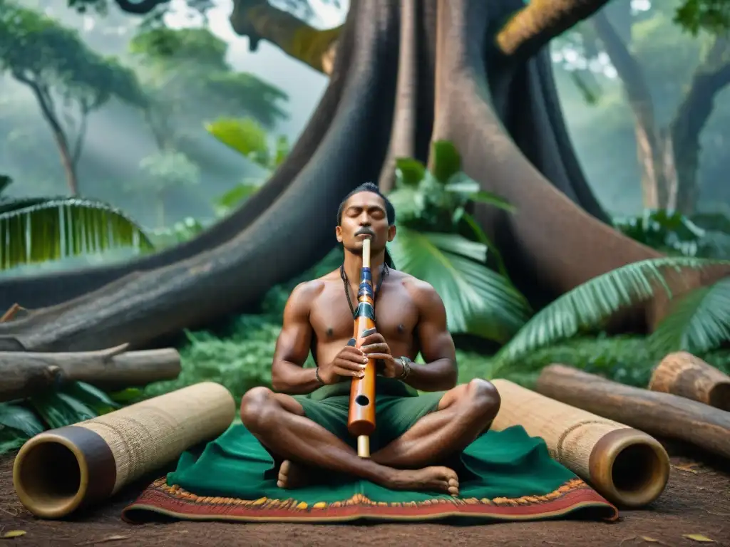 Un músico indígena destaca entre instrumentos ancestrales bajo un ceibo gigante