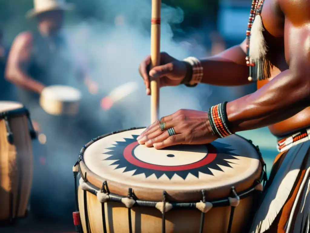 Un músico indígena tocando un tambor tradicional, resaltando la espiritualidad y comunicación de las culturas indígenas Américas