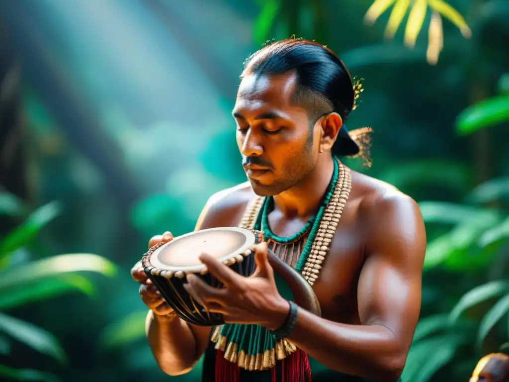 Un músico indígena toca un instrumento precolombino en la selva, con detalles y colores vibrantes, creando sonidos únicos