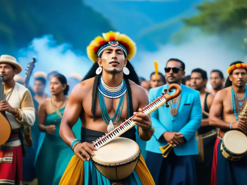 Un músico indígena toca un instrumento precolombino en un vibrante festival de música