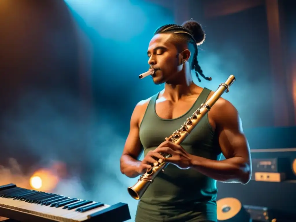 Un músico fusionando instrumentos indígenas en música moderna, tocando la flauta con pasión en un estudio iluminado, rodeado de equipos contemporáneos