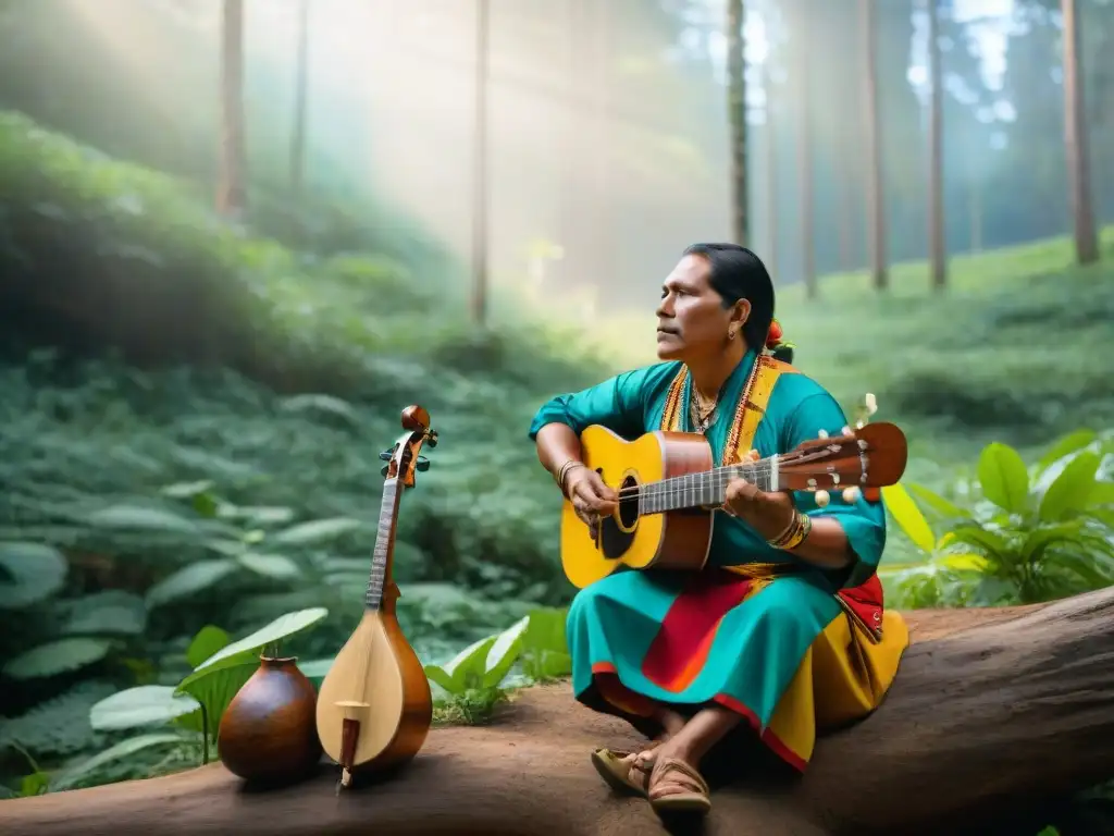 Un músico indígena toca instrumentos tradicionales en un bosque mientras la comunidad escucha con atención