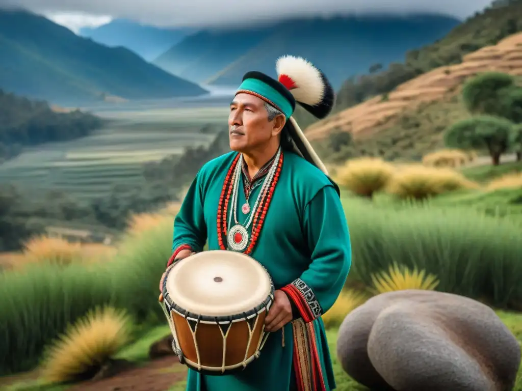 Un músico Mapuche toca un Kultrún bajo una Araucaria en los Andes chilenos