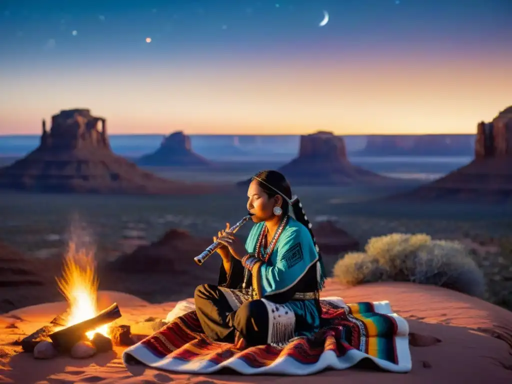 Un músico Navajo tocando la flauta bajo un cielo estrellado en el desierto de Arizona