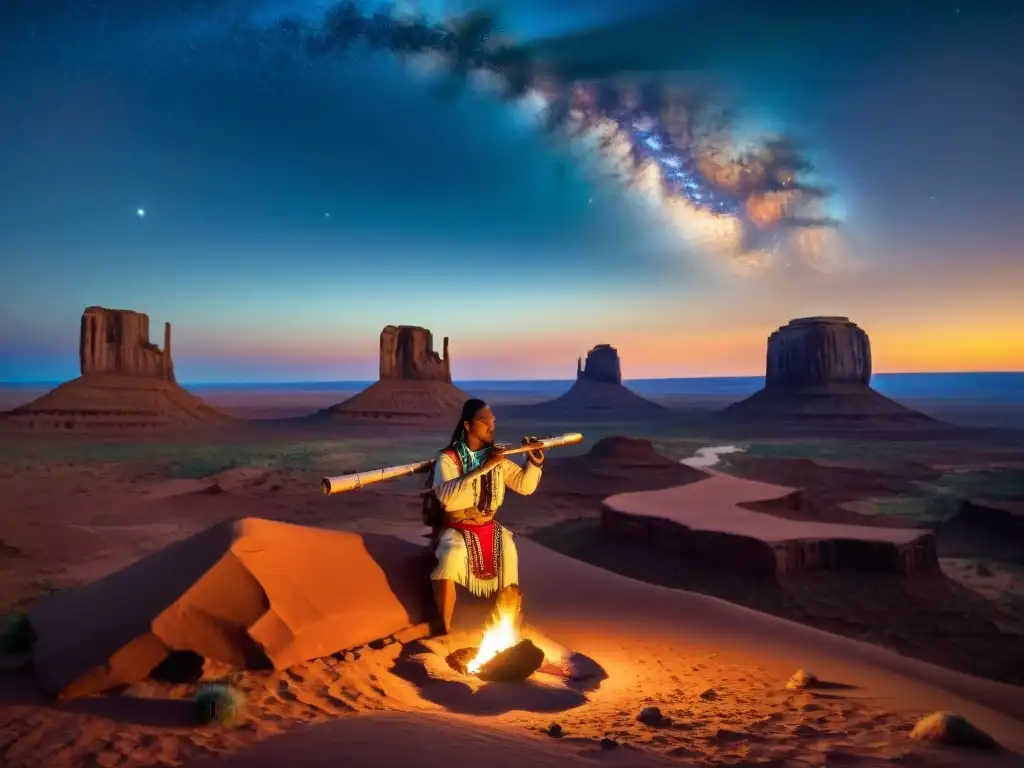 Un músico Navajo tocando una flauta tradicional bajo un cielo estrellado en Monument Valley