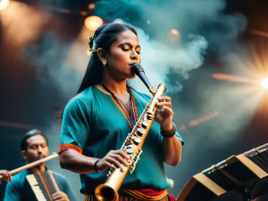 Un músico talentoso en escenario tocando una flauta tradicional rodeado de instrumentos indígenas