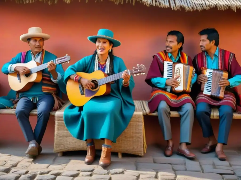 Vibrante música andina en plaza de pueblo: pasión y tradición Músicos andinos en plaza con instrumentos tradicionales, ponchos y sombreros coloridos al atardecer
