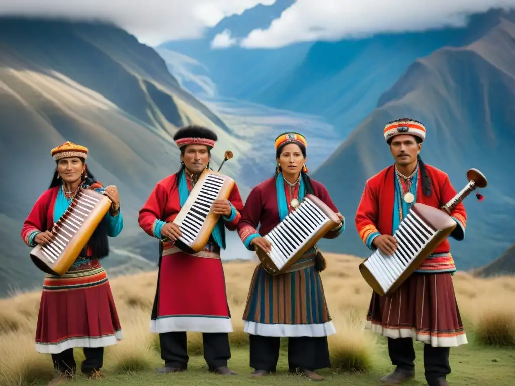 Músicos andinos en trajes coloridos tocando instrumentos tradicionales frente a los imponentes Andes, inmersos en rituales y cantos indígenas