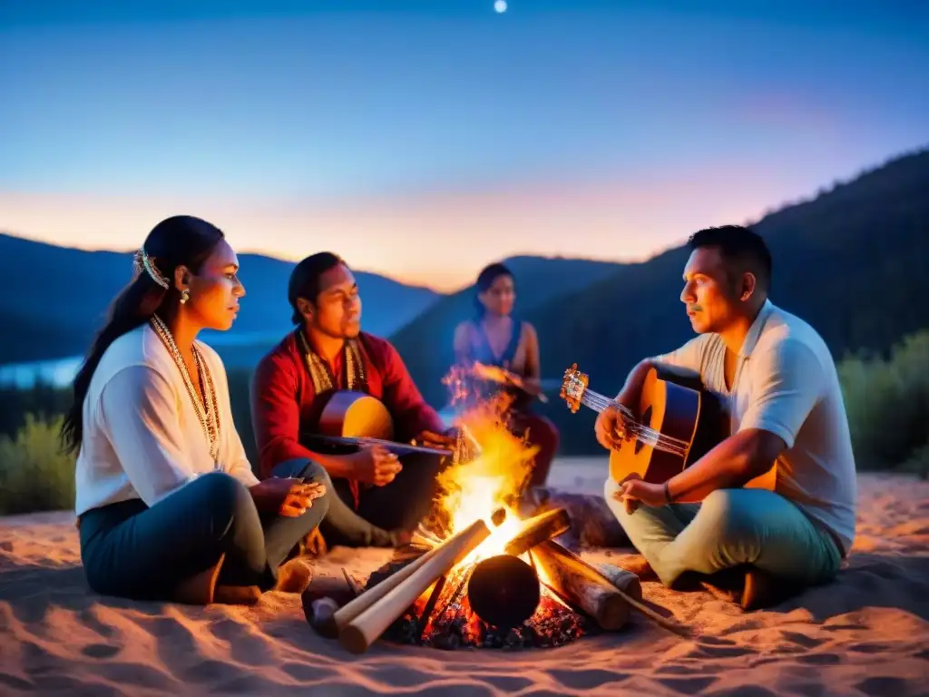 Música indígena: grupo de músicos alrededor de una fogata bajo un cielo estrellado, inmersos en la tradición y la conexión espiritual