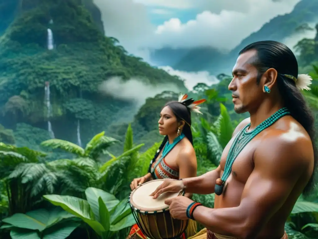 Músicos indígenas de las Américas en la selva, tocando instrumentos tradicionales