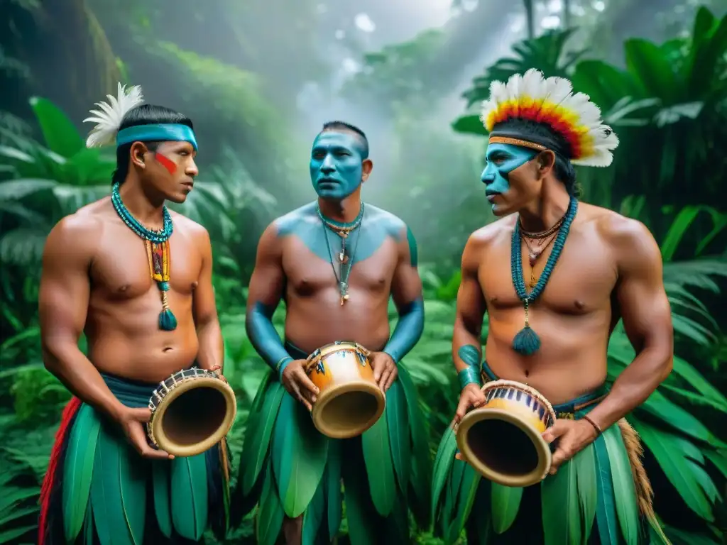 Músicos indígenas Américas tocando en la selva amazónica, con plumas y pinturas tribales