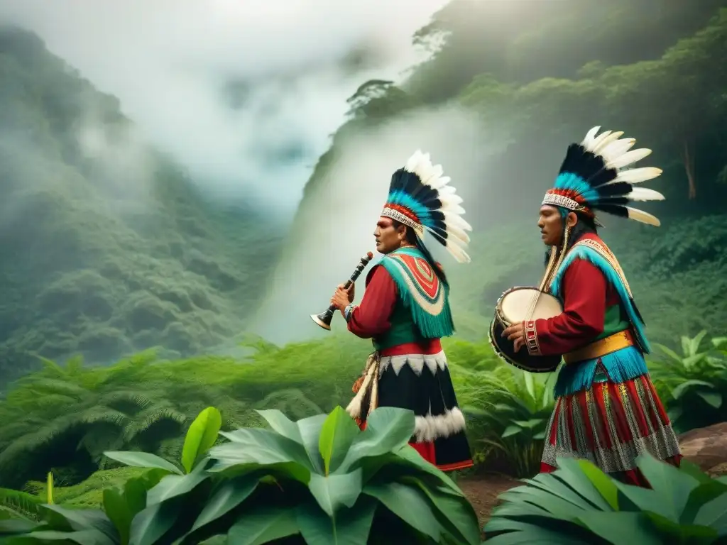 Músicos indígenas contemporáneos de las Américas tocando con pasión en el bosque, uniendo música, naturaleza y cultura