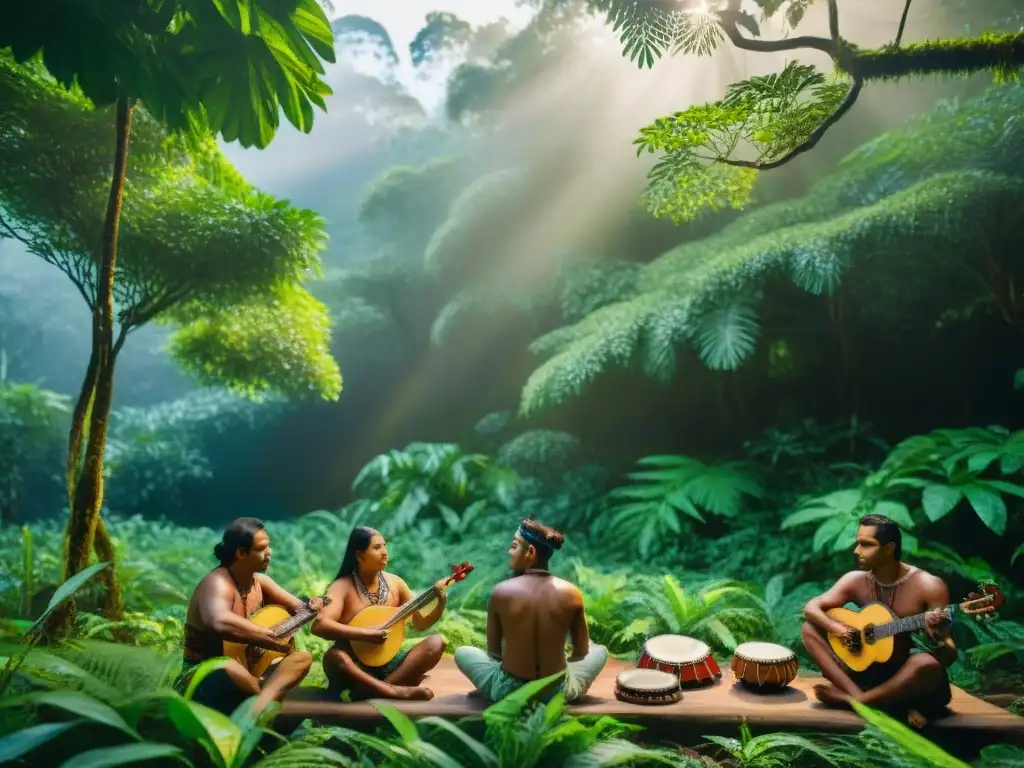 Músicos indígenas interpretando escalas musicales indígenas contemporáneas bajo un dosel verde exuberante en la selva vibrante