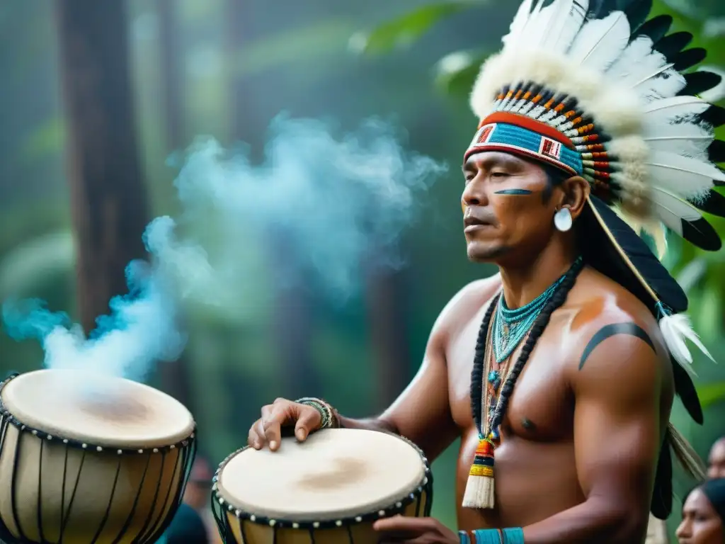 Músicos indígenas tocando instrumentos antiguos en ceremonia, inmersos en la riqueza cultural y espiritual