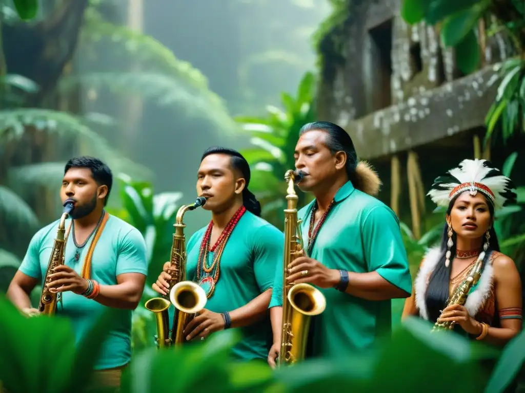 Músicos indígenas de América tocando instrumentos musicales tradicionales en la selva