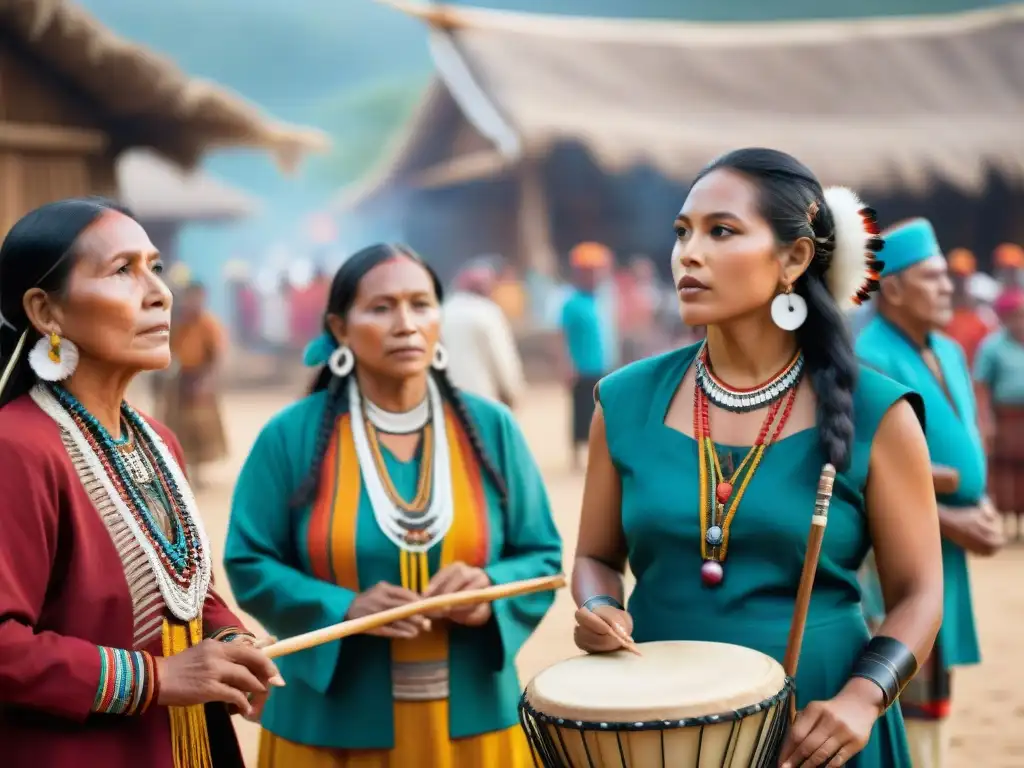Concierto de músicos indígenas en plaza vibrante Músicos indígenas tocando instrumentos musicales tradicionales en una plaza vibrante, reflejando la historia y la comunidad
