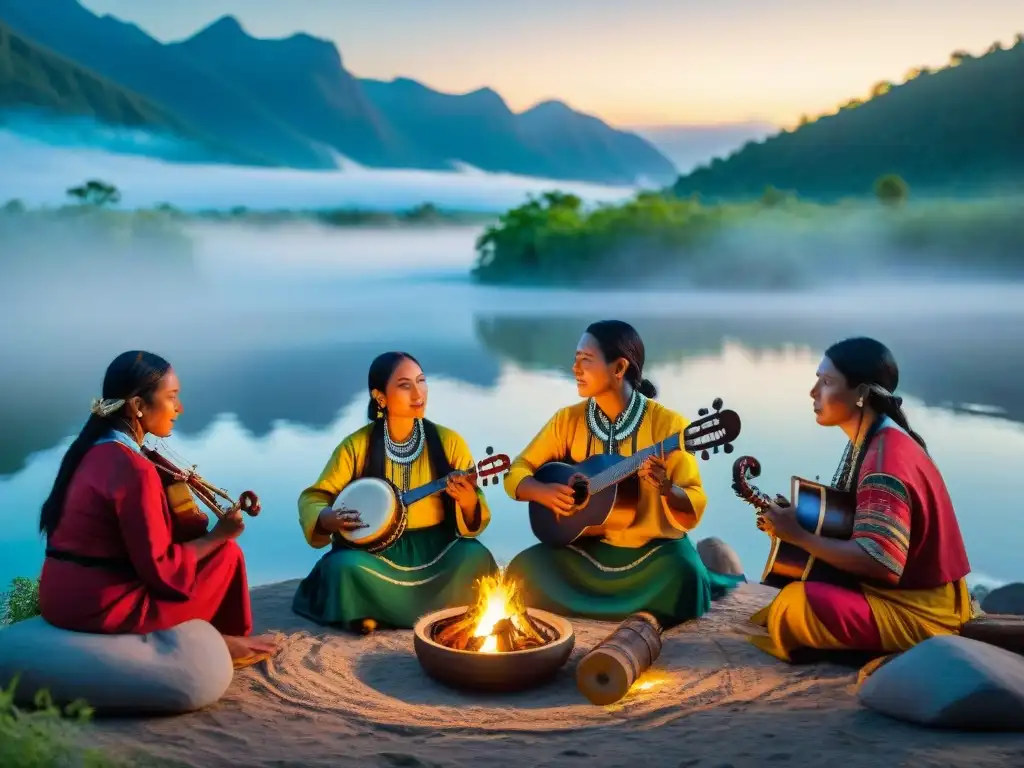 Músicos indígenas tocando instrumentos tradicionales bajo un cielo estrellado, rodeados de naturaleza exuberante y un río