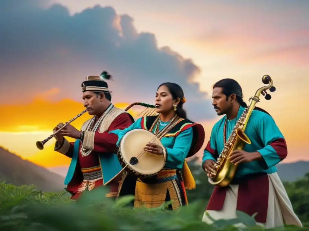 Músicos indígenas tocando instrumentos tradicionales bajo un vibrante atardecer, en un escenario de resistencia cultural