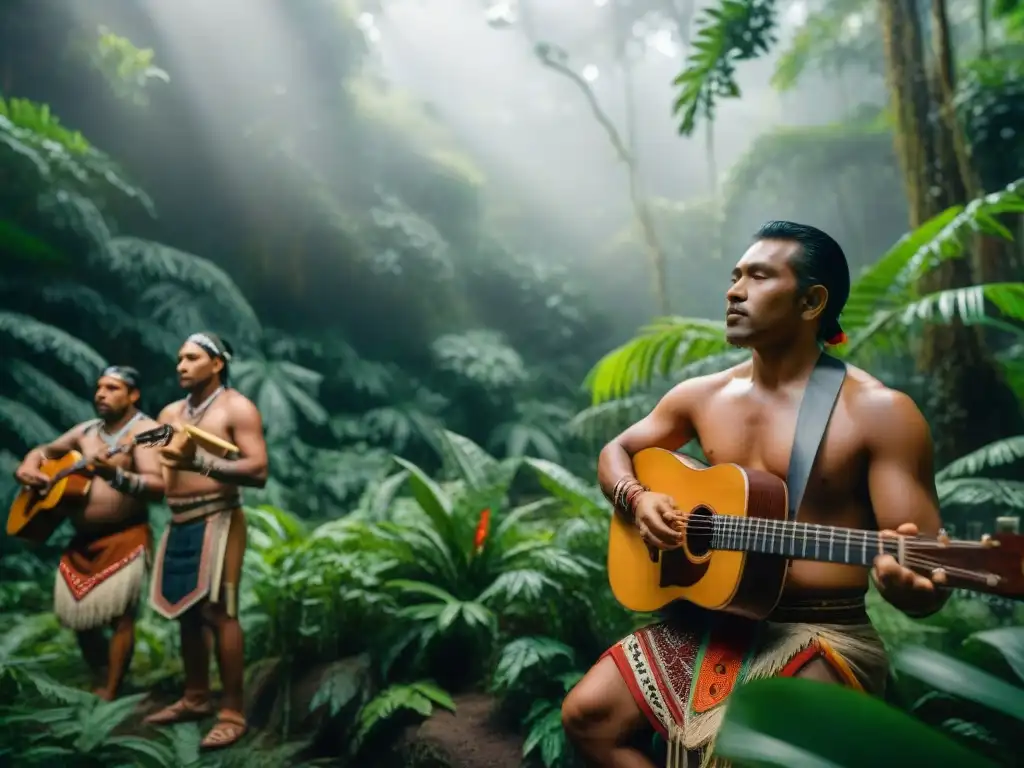 Músicos indígenas tocando instrumentos tradicionales en la selva, uniendo culturas