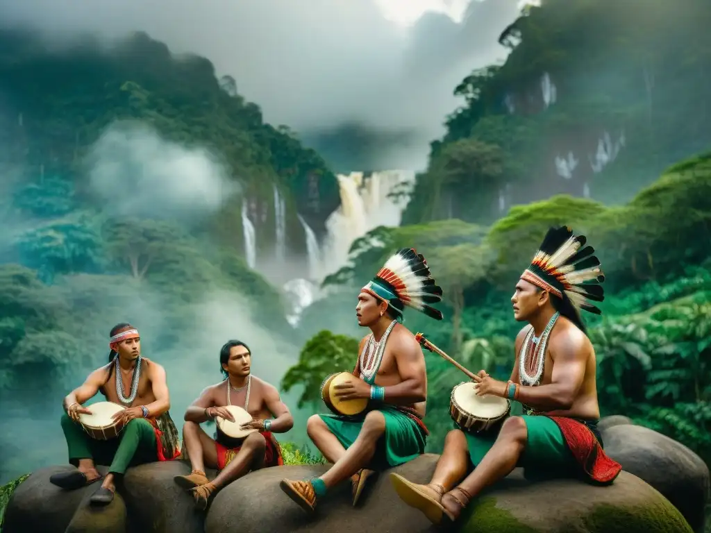 Musica indígena en la selva: tradición y orgullo Músicos indígenas tocando instrumentos tradicionales en la selva