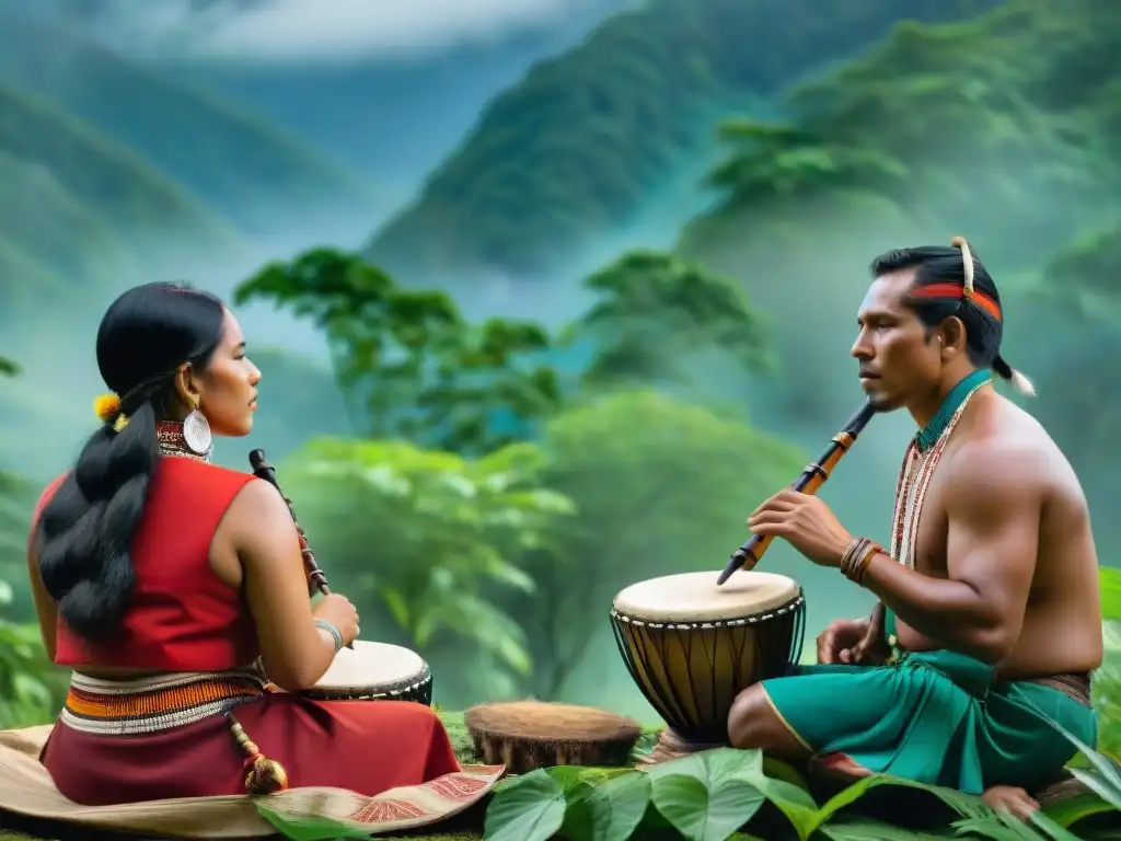 Músicos indígenas interpretando música tradicional con instrumentos en un bosque exuberante