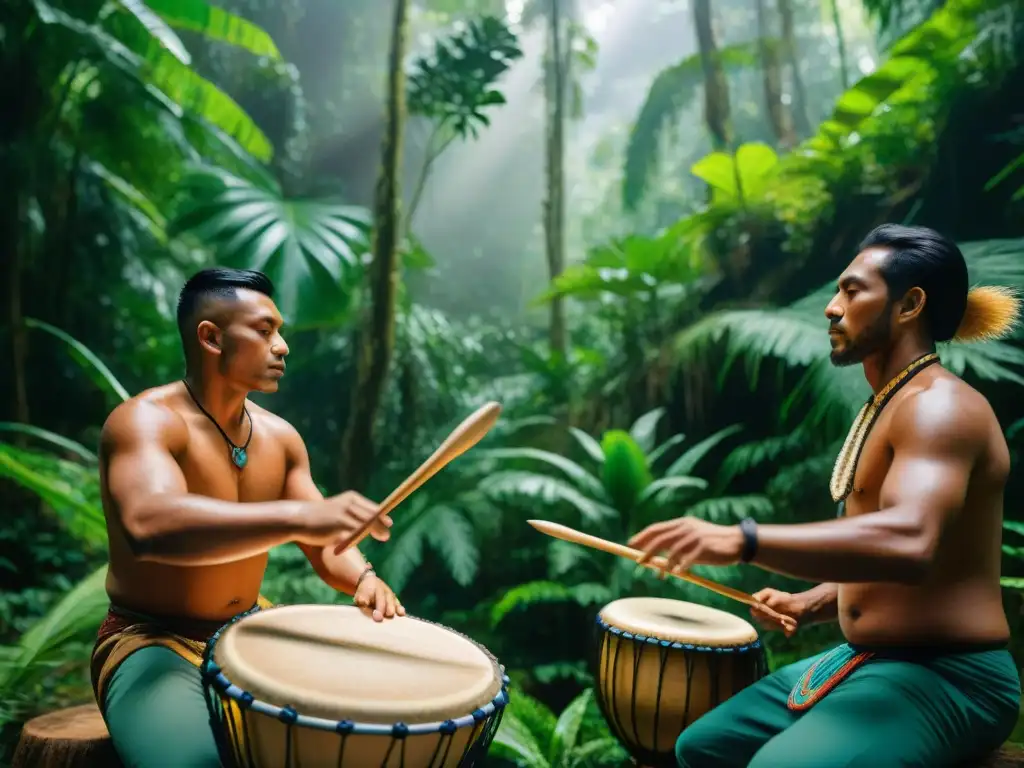 Músicos indígenas tocando percusiones en la exuberante selva, creando un vínculo etéreo con la naturaleza