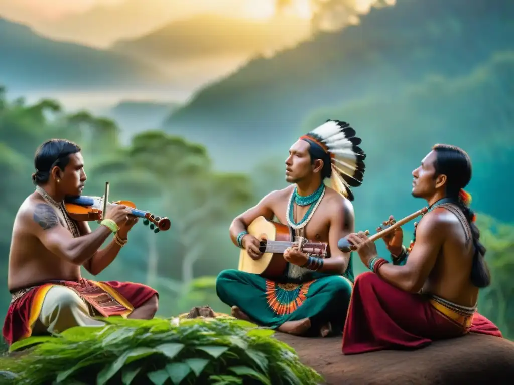 Música indígena: músicos con instrumentos tradicionales en un bosque, bajo un sol vibrante