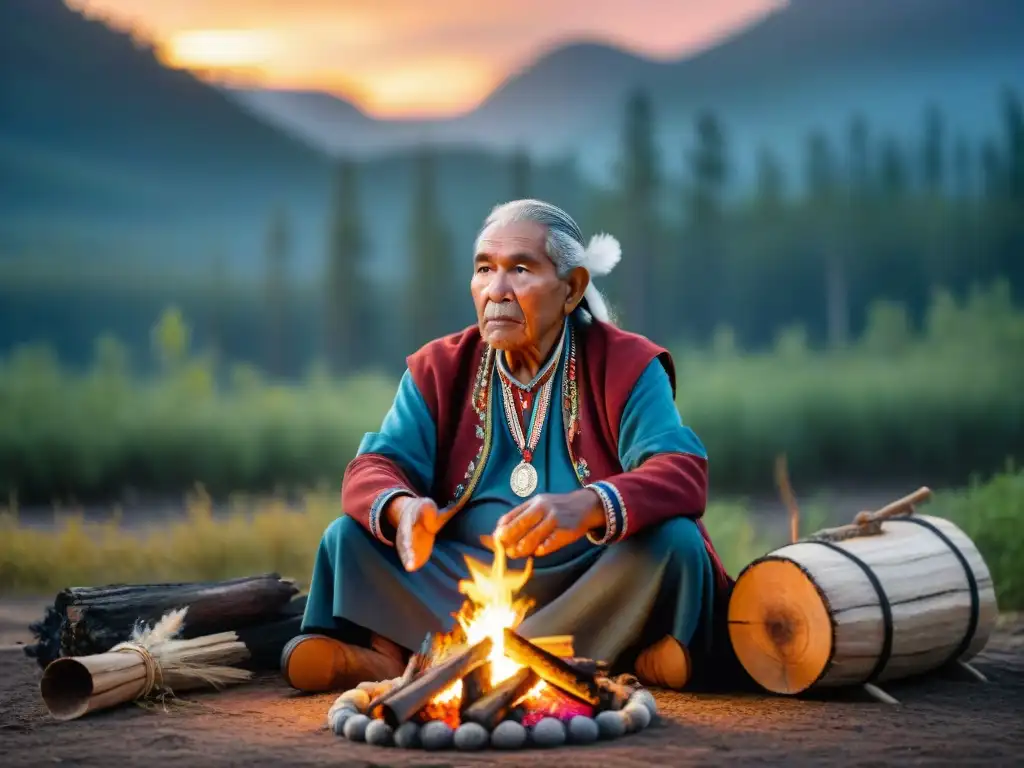 Narrador indígena conserva cultura ancestral junto a niños, bajo cielo estrellado y fuego crepitante en la noche