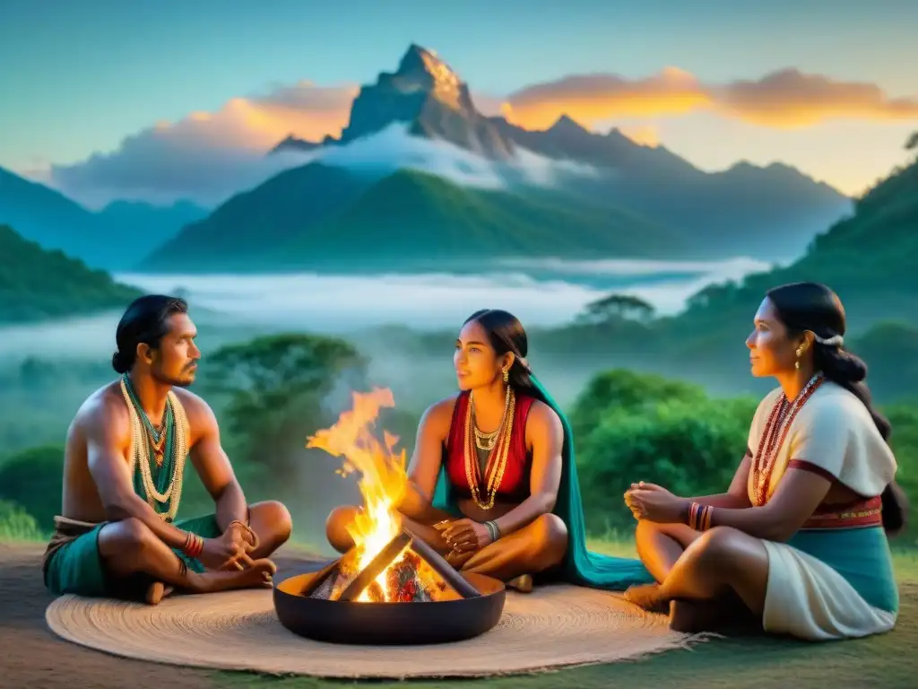 Narradores preservando la cultura indígena alrededor de una fogata estrellada en la montaña