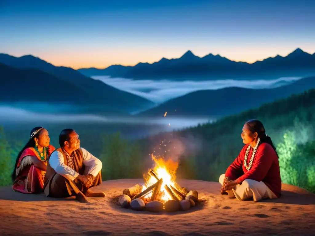 Narradores indígenas contemporáneos América reunidos alrededor del fuego, compartiendo cuentos tradicionales bajo las estrellas