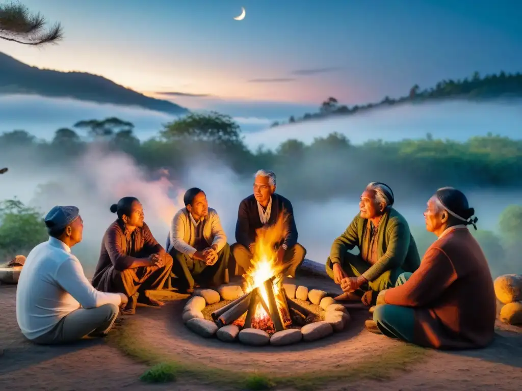 Narradores indígenas preservando la cultura ancestral alrededor de la fogata bajo el cielo estrellado