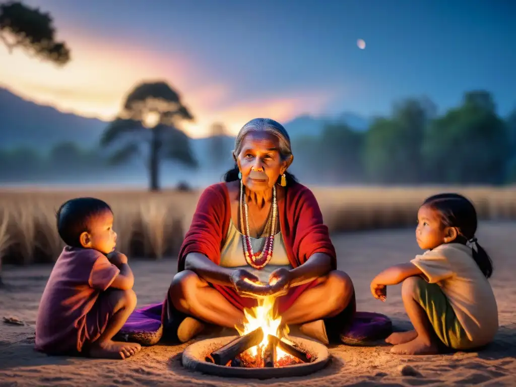 Narrativa indígena: abuela cuenta historias junto al fuego, rodeada de niños asombrados bajo un cielo estrellado