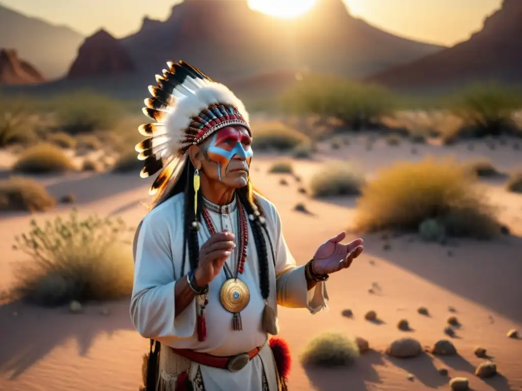 Shamán nativo en desierto sagrado al atardecer, realizando ritual con peyote
