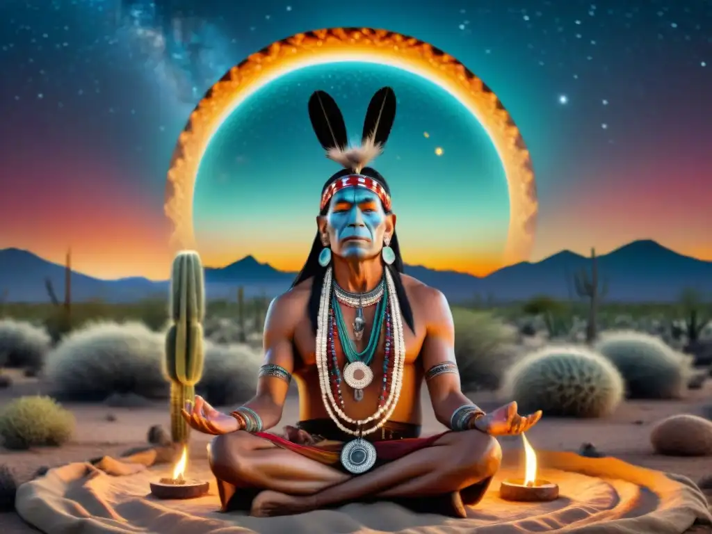 Shamán nativo realizando ritual con peyote en desierto sagrado, bajo cielo estrellado