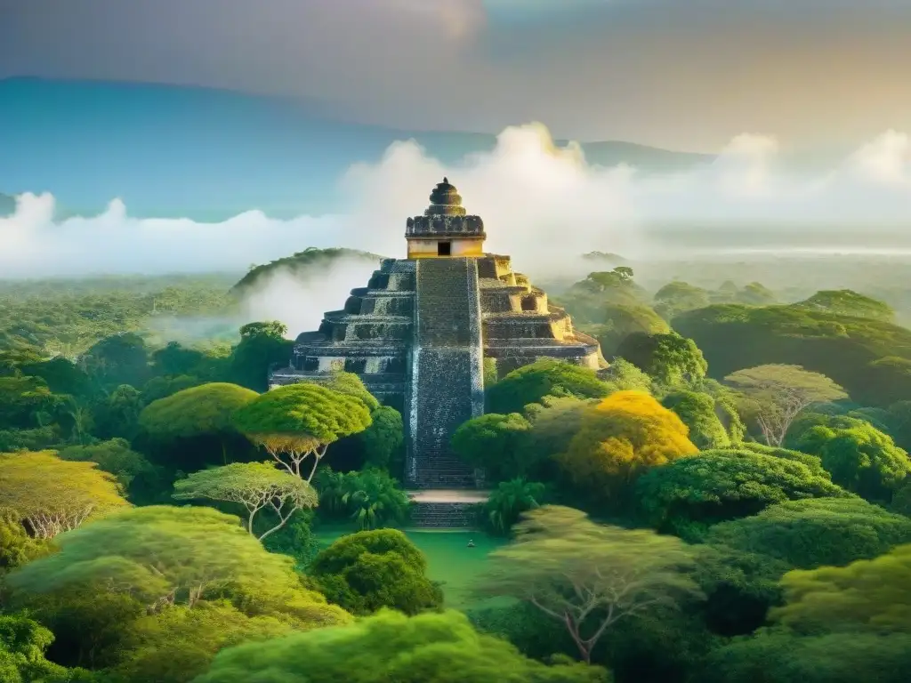 Niebla matutina sobre la jungla en la Riviera Maya, México, revela antiguo templo maya entre árboles