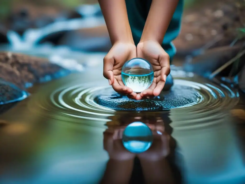 Niño indígena sosteniendo agua cristalina de arroyo, resaltando la importancia del acceso al agua potable en comunidades