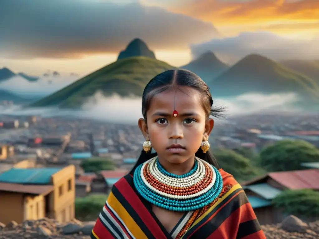 Niño indígena en la era moderna, en contraste con paisaje urbano cambiante, reflejando la fusión de tradición y progreso