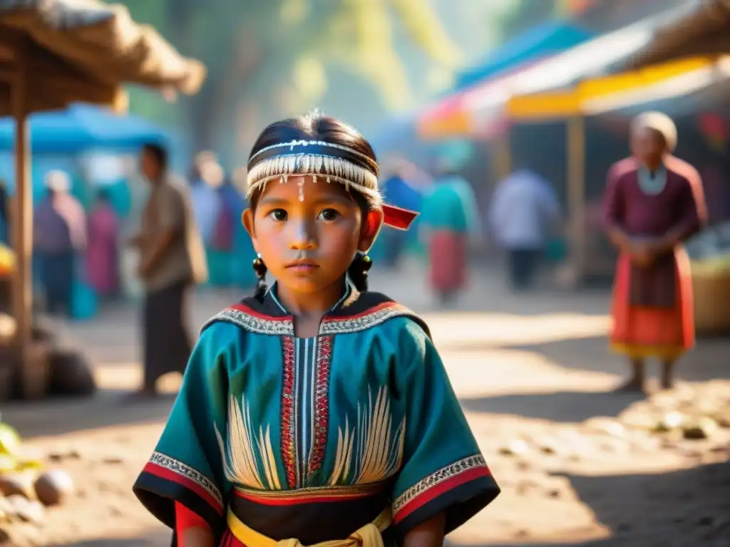 Niño indígena en mercado vibrante, reflejando sabiduría ancestral