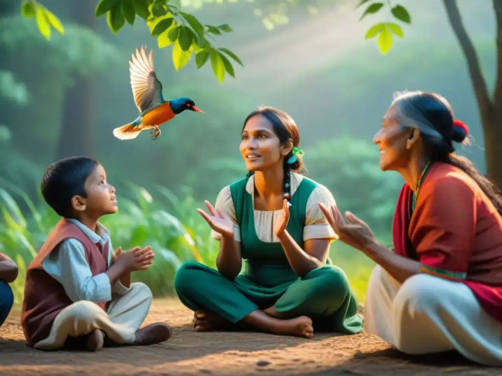 Niños escuchan con asombro a anciana indígena contar historias en su lengua nativa, en círculo en la selva