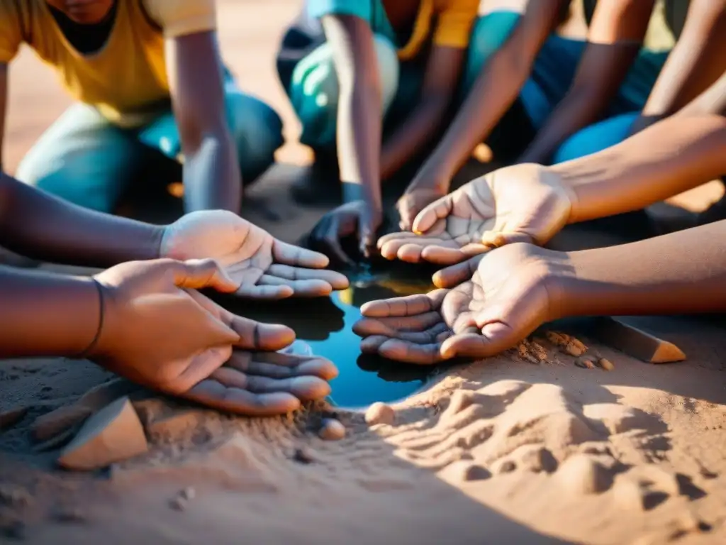 Niños indígenas sosteniendo agua sucia en tierra árida, reflejando la importancia del acceso al agua potable en comunidades