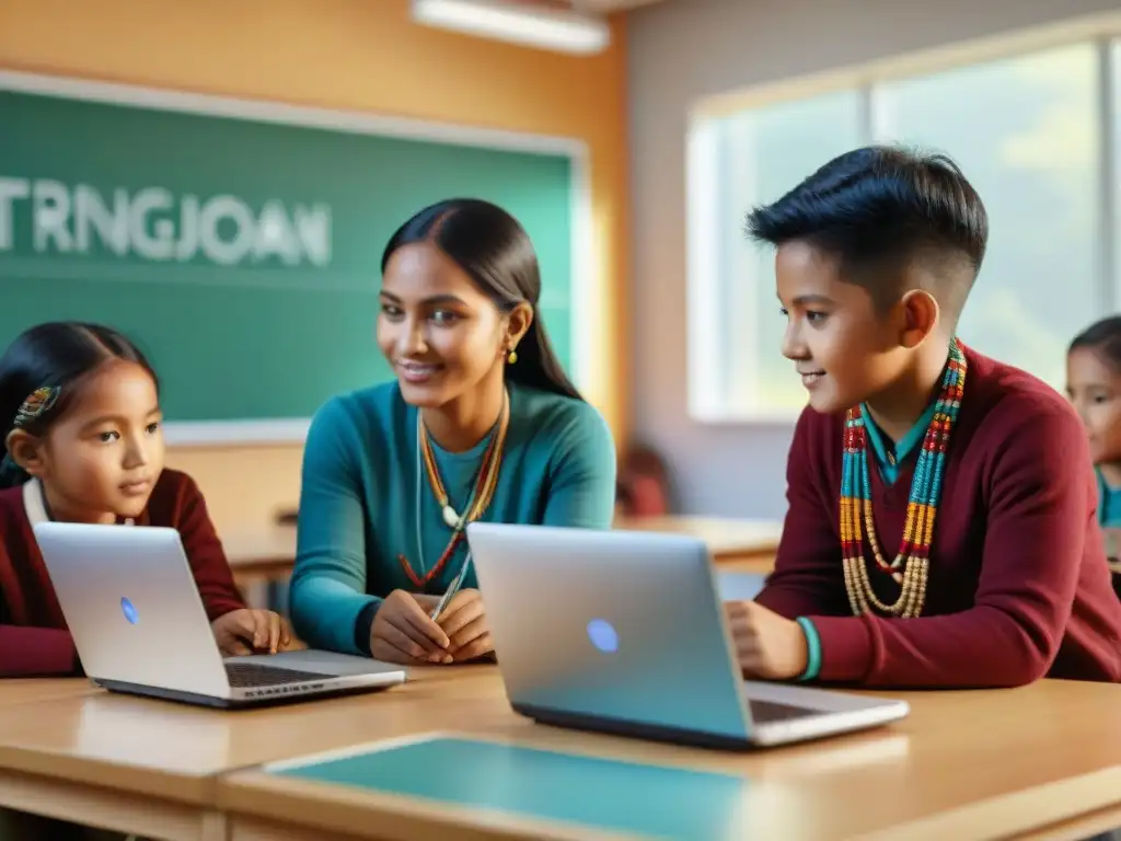 Niños indígenas colaboran alegres en la construcción de robots en un aula llena de materiales educativos