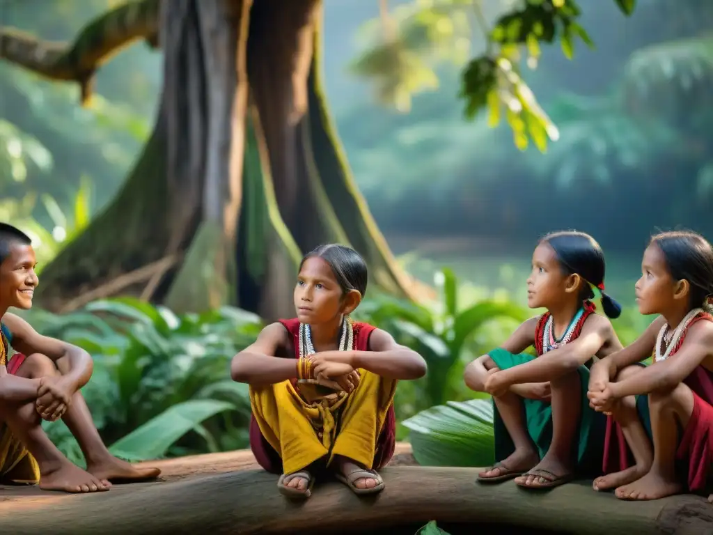 Niños indígenas de la Amazonía aprenden de su sabio ancestro bajo un árbol centenario, enseñanzas de educación en comunidades amazónicas